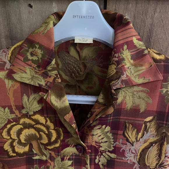 JAEGER Vintage Grate Britain 💯 Wool Brown Checked Floral Shirt Blouse Button Up - Picture 2 of 14